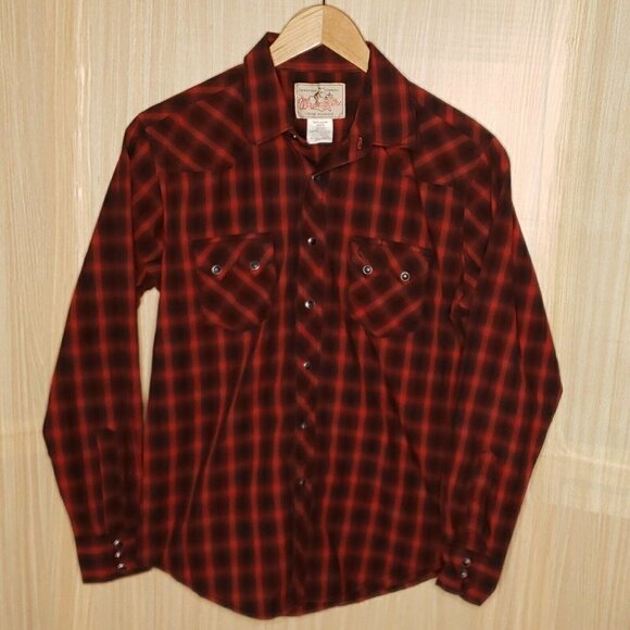 Wrangler Mens Red Black Plaid Long Sleeve Pearl Snap Down Shirt Medium - Picture 1 of 6